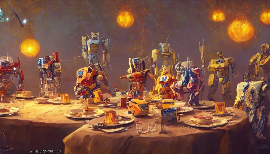 Prompt: a table dinner of transformers robots where robots are dressed like the characters from the midsommar movie, realistic detailed digital art by maxwell boas jessica rossier christian dimitrov anton fadeev trending on artstation cgsociety rendered in unreal engine 4 k hq