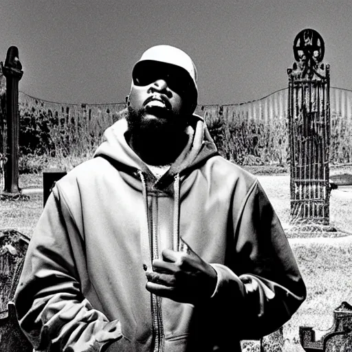 Prompt: MF DOOM rapping in a graveyard next to a dug out grave