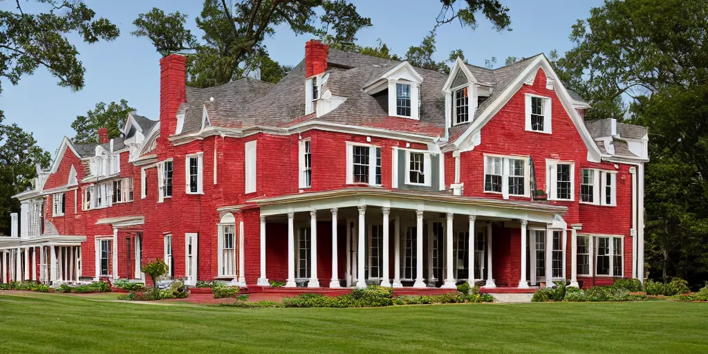 Prompt: red brick wooden cape cod with wood and tile white black mansion by mcalpine house, by jackson & leroy architects