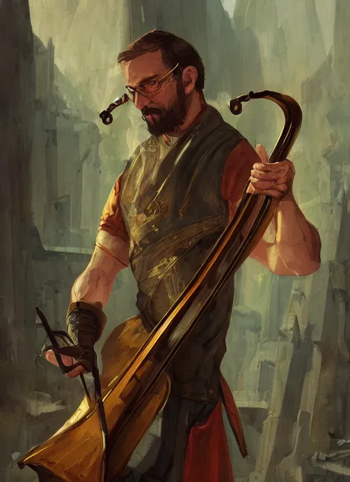 Prompt: illustration of gordon freeman from half - life as a bard playing a lyre, dressed in renaissance clothing, by greg rutkowski artstation