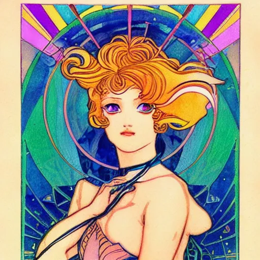 Prompt: the sailor galaxia. beautiful, realistic painting by mucha and malevich and kuvshinov and bilibin. synthwave watercolor, thick linings, manga, soviet realism