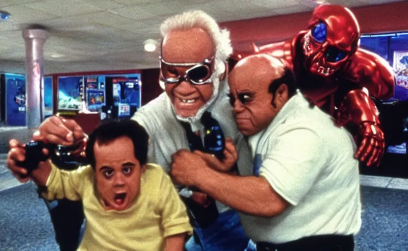 Image similar to the terminator fighting danny devito up in the chuck e cheese