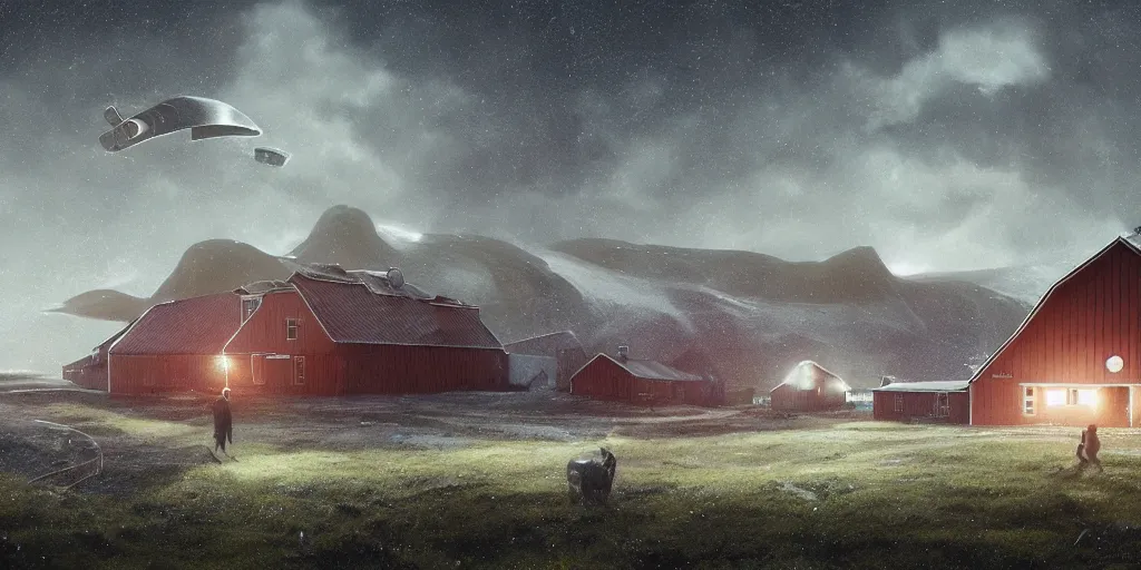 Image similar to In the north of Norway, a large spaceship flies far above a farm with a farmhouse and a stable, dreamy misty matte painting dystopian sci-fi digital art in the style of Simon Stalenhag, featured on Artstation