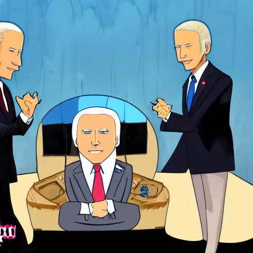 Image similar to presidential anime of Joe Biden receiving the dark power of the Necromantic Force