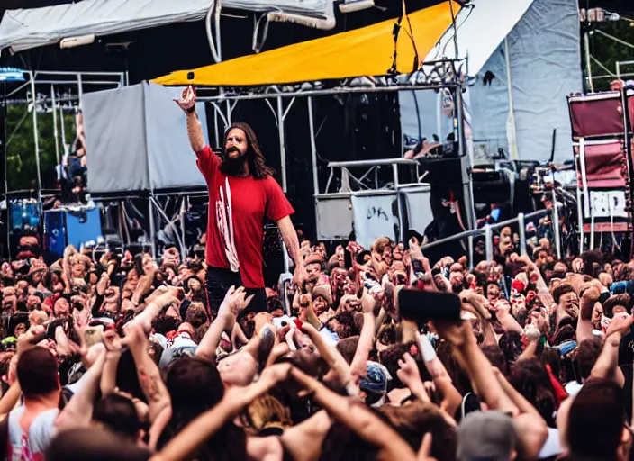 Image similar to photo still of jesus christ on stage at vans warped tour!!!!!!!! at age 3 2 years old 3 2 years of age!!!!!!! throwing bibles to the crowd, 8 k, 8 5 mm f 1. 8, studio lighting, rim light, right side key light