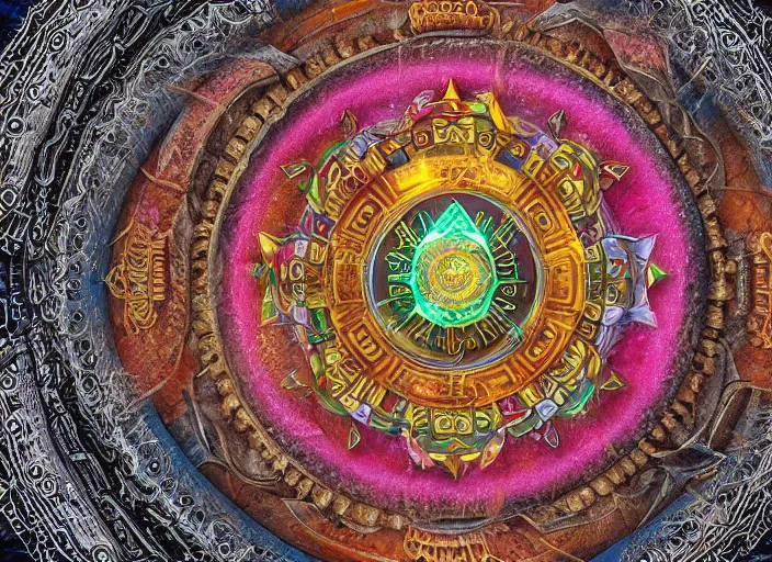 Image similar to hyperrealism, detailed textures, photorealistic 3 d render, a coloured beautiful mystical tibetan kalachakra crystal mandala with sanskrit writing, sharp focus, ultra realistic, ultra high pixel detail, cinematic, intricate, cinematic light, concept art, illustration, art station, unreal engine 8 k