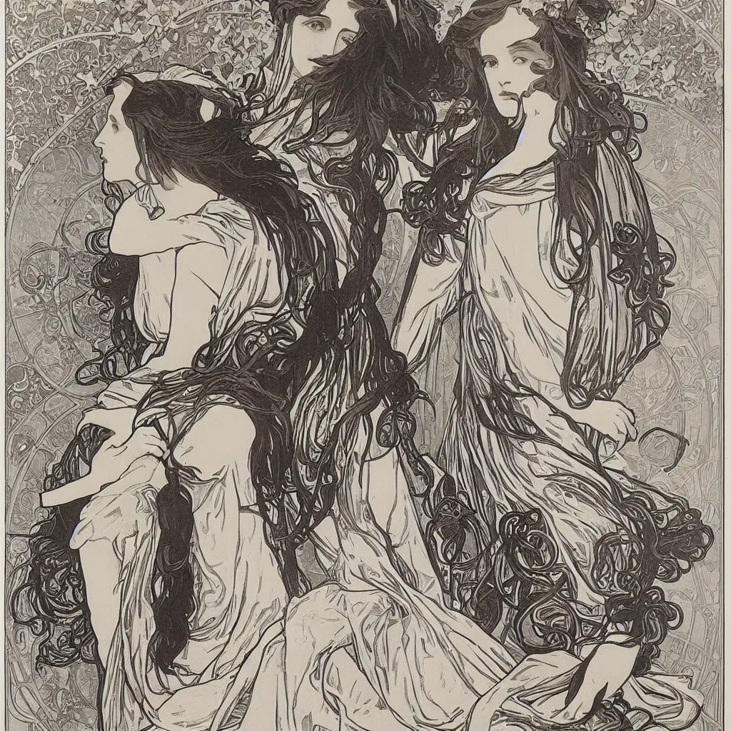 Image similar to monochromatic engraving by alphonse mucha and gustave klint