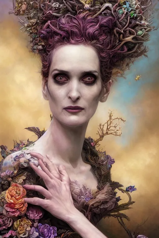 Image similar to closeup portrait shot of winona ryder as delirium of the endless, the sandman, the fairy queen, floral growth, thick fancy makeup, highly detailed, digital painting, artstation, concept art, soft focus, depth of field, artgerm, tomasz alen kopera, peter mohrbacher, donato giancola, wlop, boris vallejo