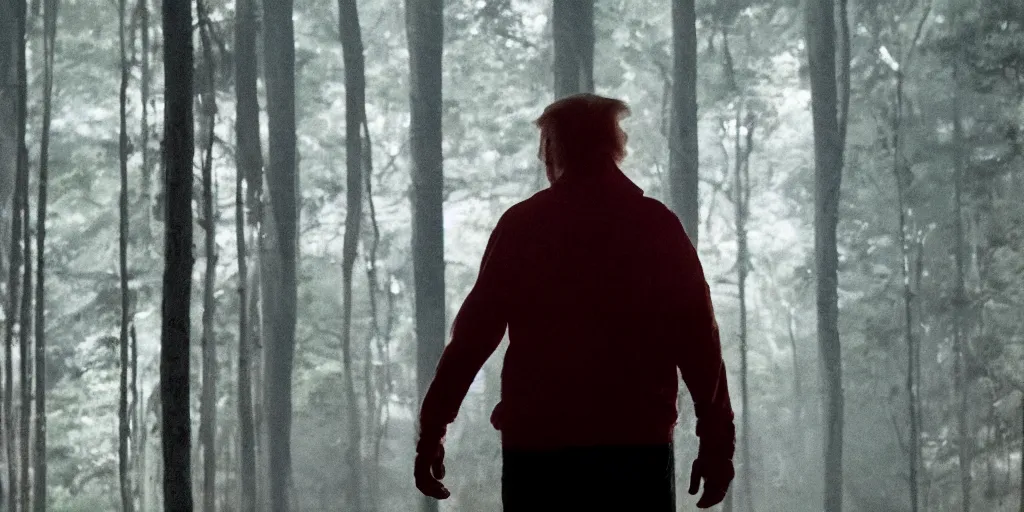 Image similar to movie still of donald trump in mandy ( 2 0 1 8 ) directed by panos cosmatos, film grain, night time, red glow