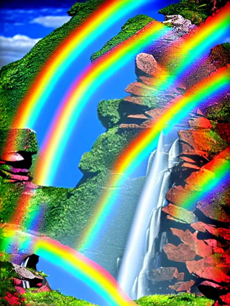 Image similar to artdeco illustration waterfall cascading onto rocks, small rainbow emerging in background, holographic, beautiful scenery,