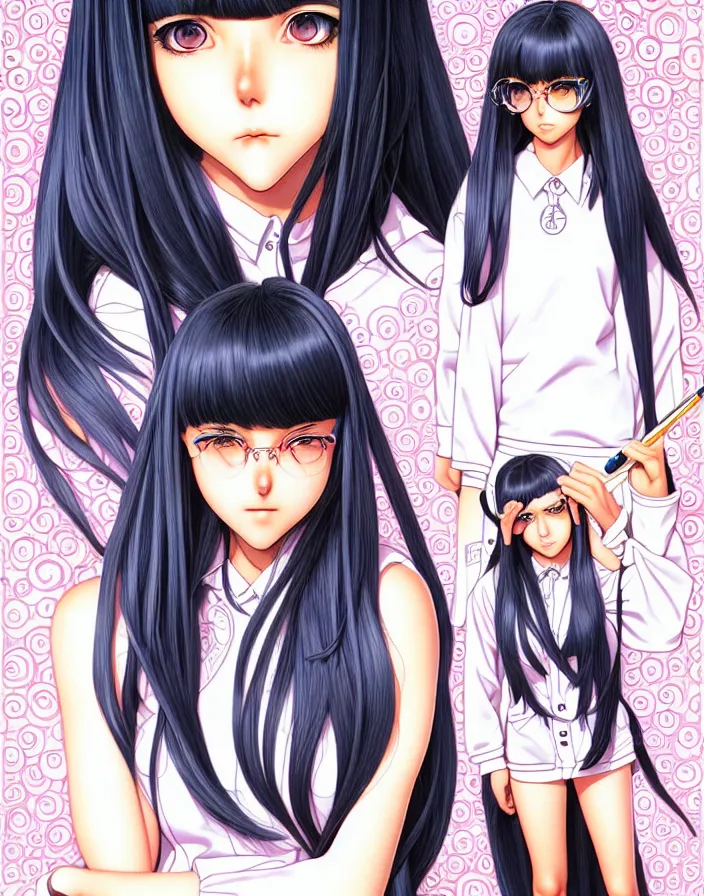 Image similar to extremely detailed color ink pen graphic novel  illustration of a dainty young truant female stoner prep highschool school student with medium length silky straight iridescent black hair and lightly suntanned skin, illustrated by Artgerm and Range Murata.