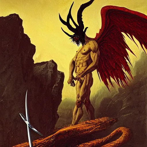 Prompt: Mixed media art. a large, muscular demon-like creature with wings, standing in a dark, hellish landscape. The creature has red eyes and sharp teeth, and is holding a large sword in one hand. by Jimmy Ernst, by Martin Johnson Heade mild