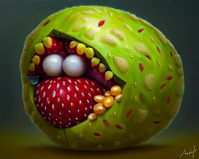 Image similar to a fruit monster made of different fruit, 3 7 1, walking around in forest, detailed mouth, detailed eyes, forest background, trees and flowers, trees in foreground, rays of golden sunlight, oil painting, highly detailed, dramatic lighting, hyperrealistic, smooth, intricate, artstation, cgsociety, by artgerm, by wlop