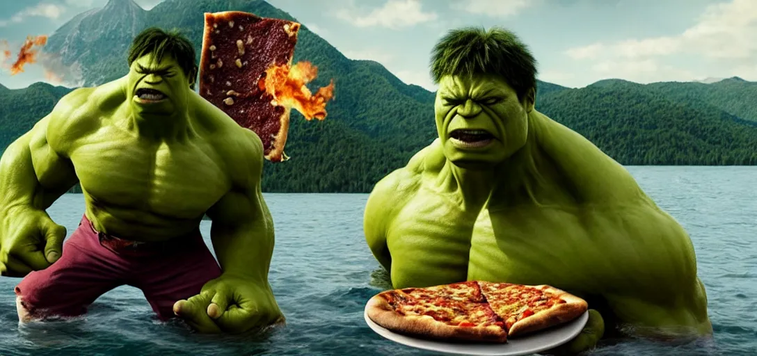 Image similar to a very high resolution image from a new movie. hulk eating pizza on a lake, photorealistic, photography, directed by wes anderson