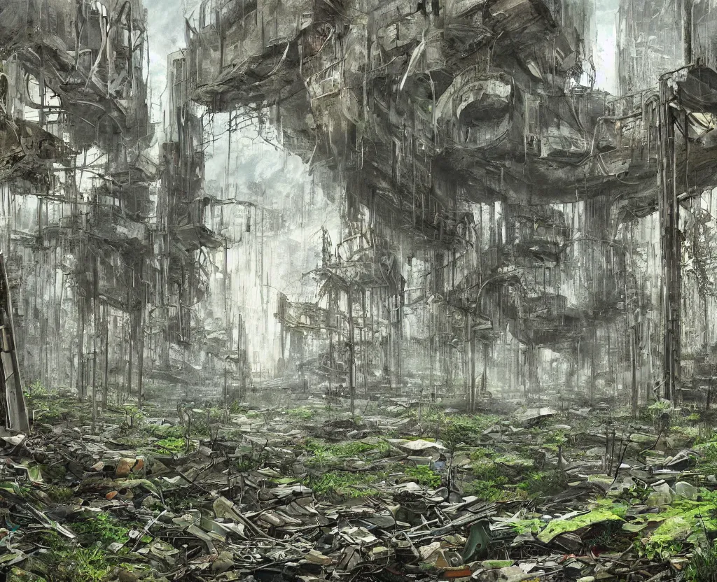 Image similar to a Dystopian painting of the abandoned and overgrown tunnels of an post-apocalyptic arcology