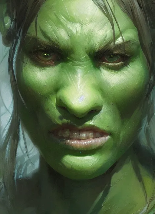 Prompt: green orc female, light green tone beautiful face by jeremy mann, greg rutkowski, noah bradley