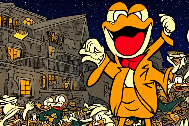 Prompt: Scrooge McDuck reacting to the Bitcoin crash, 8k, real photo, night scene, terrible