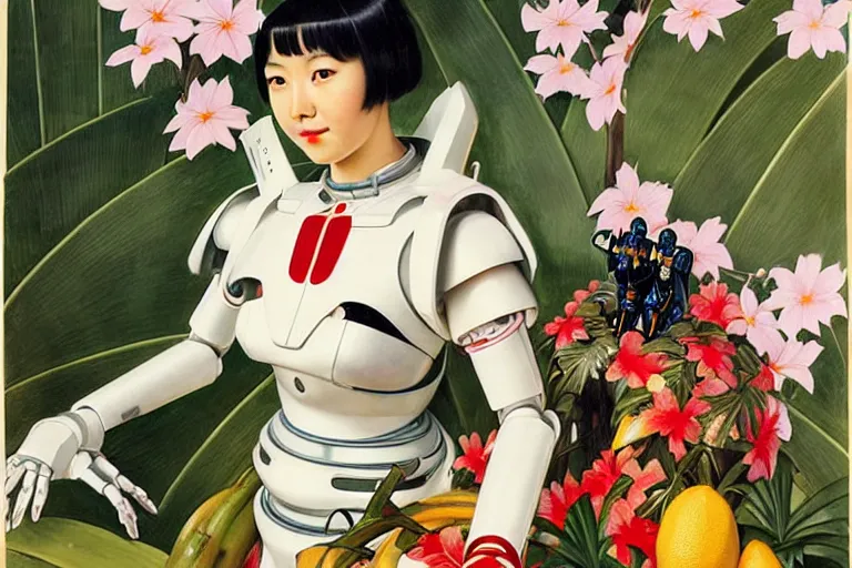 Image similar to a portrait of asian female with short black hair dressed with a robot knight plastic white armor dress from evangelion, sit in a throne surrounded by garlands of tropical fruits and flowers, masterpiece painted by jc leyendecker