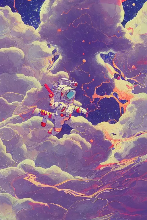 Image similar to an astronaut floating in the sky, the destruction of the universe, planets crashing, highly detailed, digital painting, refreshing, trending on artstation, illustration by james jean