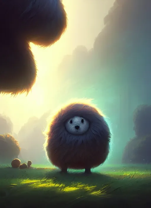 Prompt: shaggy fluffy round monsters with big eyes, detailed, concept art, low angle, high detail, warm lighting, volumetric, godrays, vivid, beautiful, trending on artstation, by jordan grimmer, huge scene, grass, art greg rutkowski