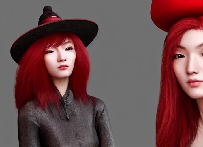 Image similar to stunning render portrait of a beautiful oriental woman with red hair wearing a hat, her eyes are green. 4 k unreal engine, daz, octane, zbrush, maya.