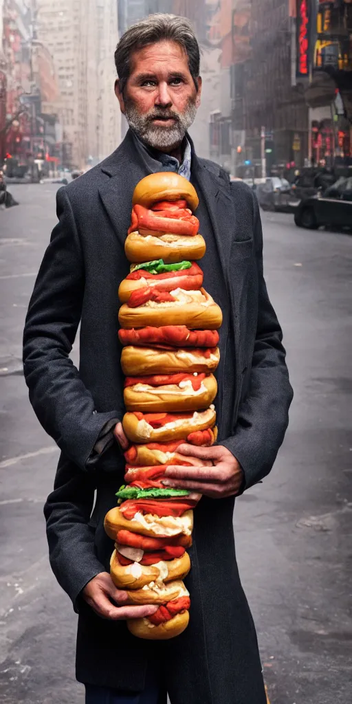 Image similar to closeup portrait of a man carrying a giant hotdog on his shoulder in a smoky new york back street, by Annie Leibovitz and Steve McCurry, natural light, detailed face, CANON Eos C300, ƒ1.8, 35mm, 8K, medium-format print