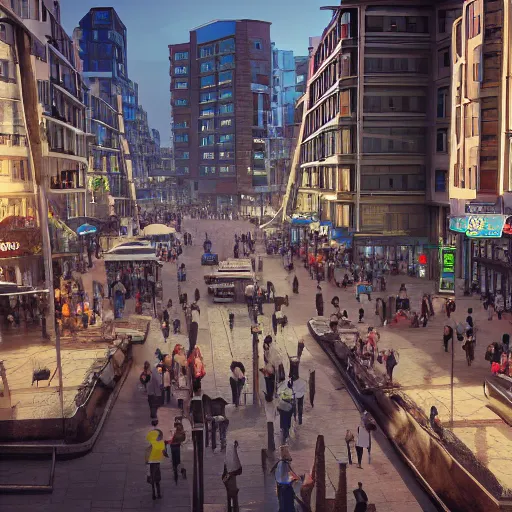 Image similar to 8 k hd detailed octane render of a bustling city street in a backwater spaceport