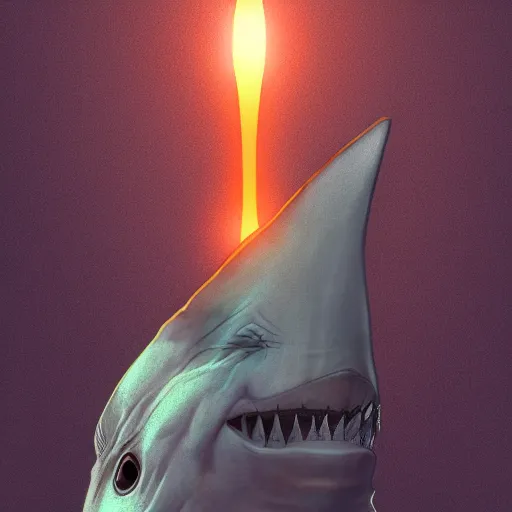 Image similar to great white shark, side view, with a conical orange traffic cone on its dorsal fin - ron cheng & alphonse mucha, highly detailed, digital painting, ray tracing, concept art, illustration, smooth sharp focus, intricate, symmetry, artstation,