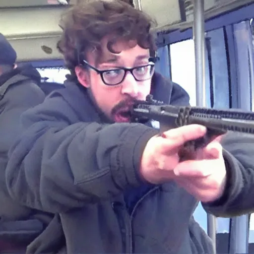 Prompt: sam hyde firing a rpg into a city bus, 4 k, realistic, serious, gritty, sam hyde