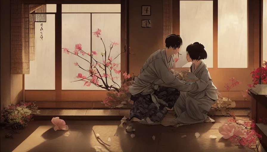 Image similar to old japanese giving flowers to his wife, japanese house, light through windows, romantic, manga, artists, hyperdetailed, artstation, cgsociety, 8 k