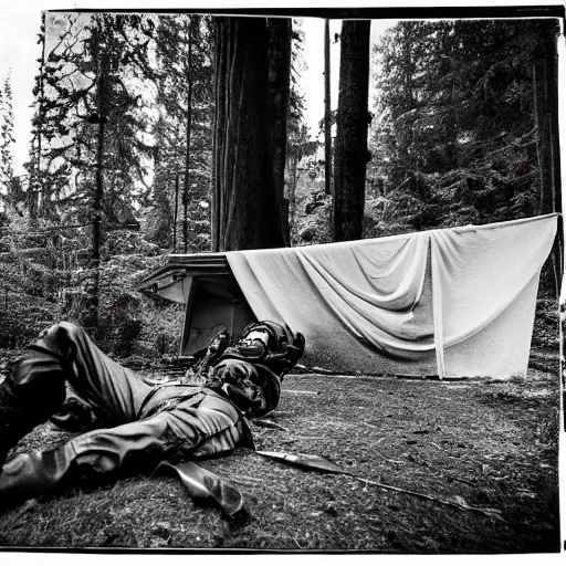 Prompt: A studio photography, outdoors in Endor, of the falling soldier of an imperial stormtrooper, captured the moment of death, moment frozen in time, 35mm, Socialist Realism, Pictorialism , award winning photography, shot taken with Fujifilm X100V, by Robert Capa