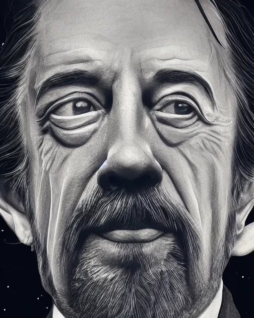 Image similar to alan watts floating in the universe portrait painting highly detailed procreate, 3d render senior artist, photorealistic, textured, featured on artstation