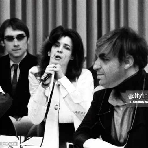 Image similar to French pop star Daphne LaCroix argues in favor of worker's rights with German New-Trad Intellectuals in Berlin, March, 1978