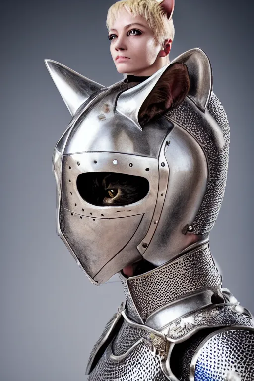 Image similar to female knight wearing a real cat on her head, armor designed by wayne barlowe, swarovski and tiffany, blonde hair, symmetry, sci - fi, cinematic, elegant, luxury, perfect light, perfect composition, dlsr photography, sharp focus, dark fantasy, 4 k, ultra hd, sense of awe, highly detailed, realistic, intricate