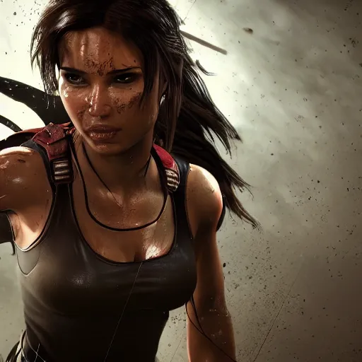 Image similar to Lara croft as spiderwoman,face get water , heavy rain ,dramatic, intricate, highly detailed, concept art, smooth, sharp focus, illustration, Unreal Engine 5, 8K