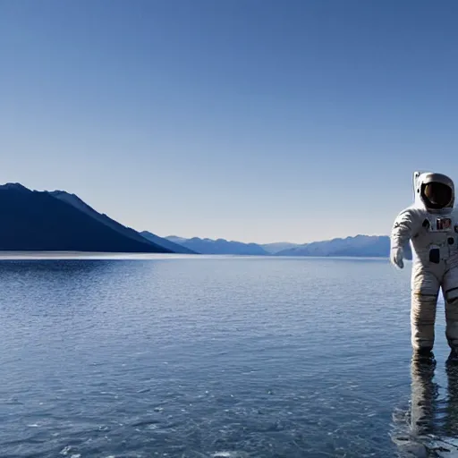 Image similar to an astronaut standing in the water of Lake Baikal and looking at the mountains. Photo by professional. Nikkor