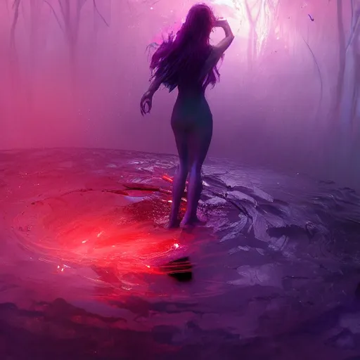 Image similar to !dream A Witch emerges from a pool of swirling purple and red magical liquid by Greg Rutkowski, 4k photorealistic, volumetric lighting, HD, high details, dramatic, trending on artstation