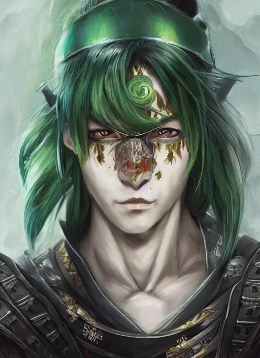 Prompt: a portrait of a japanese handsome man with green hair and a scar on his eye that uses 3 swords to battle, japanese demon aura behind him wearing a traditional samurai dress, intricate, highly detailed, digital painting, artstation, concept art, smooth, sharp focus, illustration, art by Charlie Bowater and Gustave Baumann, matte painting