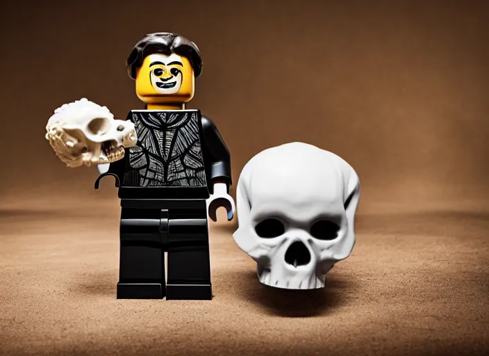 Image similar to product photo still of hamlet holding a skull best the open grave lego playset, 8 k, 1 2 0 mm macro, f 1. 8, studio lighting, key light