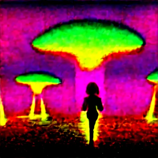 Image similar to Little girl wandering among many giant glowing mushrooms, Neon colors, psychedelic art, trippy, 4k, HQ, Trending on Artstation