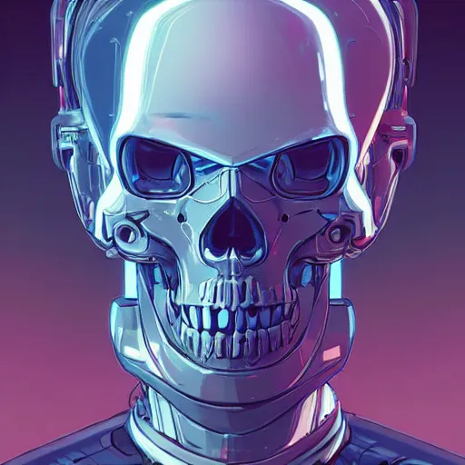 Image similar to a robot cybernetic cyberpunk skull minimalist comics, behance hd by jesper ejsing, by rhads, makoto shinkai and lois van baarle, ilya kuvshinov, rossdraws global illumination ray tracing hdr radiating a glowing aura