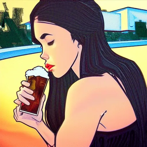 Prompt: Madison Beer drinking beer in the parking lot, realistic, sunset 😂😂😂☺️☺️☺️, in the style of Artgerm and Alphonse Mucha