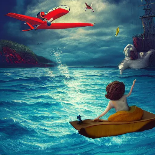 Image similar to hallucination dream, trip in the sea, plane, rat, 8k, artstation.