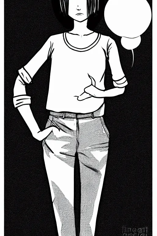 Image similar to portrait of a girl in long pants and a top, hands in pockets, eyes closed, bob haircut, digital art, black and white, lineart by junji ito