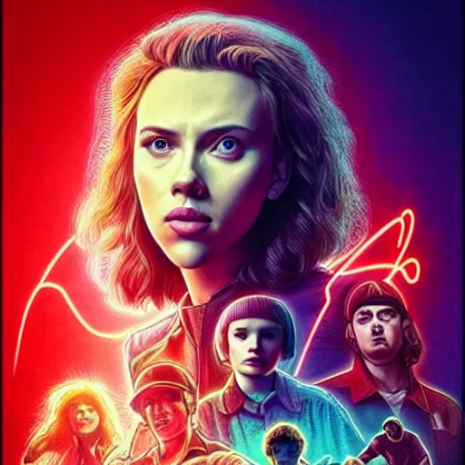 Prompt: “ scarlett johansson portrait, stranger things character, 8 0 s, neon, poster, cinema, high school, student, vhs, arcade, fiction, steven spielberg, hyperrealistic, dramatic, heroic, epic, cinematic lighting ”