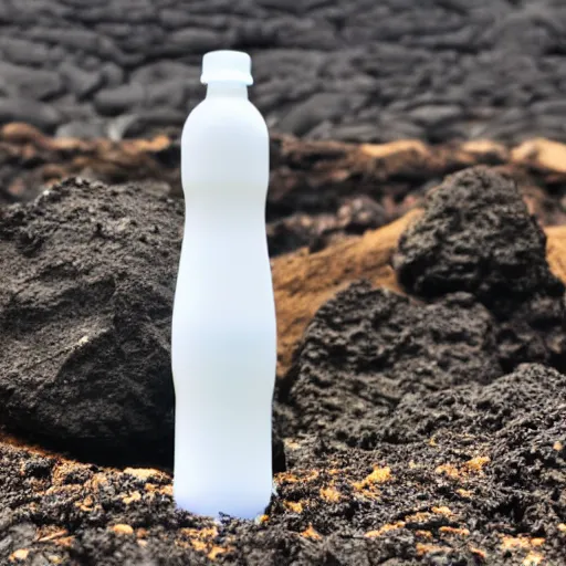 Image similar to symmetrical photo of small white plastic bottle standing in front volcano, products shot