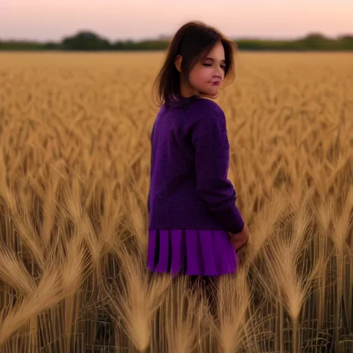 Prompt: a girl in a wheat field in a purple sweater and a dark green skirt that has her back turned during the golden hour, painting