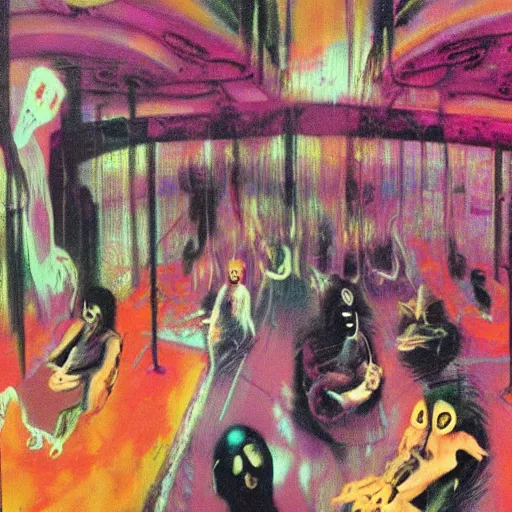 Image similar to lost souls in hell's waiting room by 2 1 st century cyber glitch francis bacon very detailed, colorful, beautiful, eerie, surreal, psychedelic