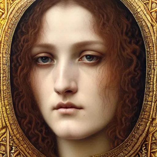 Image similar to detailed realistic beautiful young medieval queen face portrait by jean delville, tom bagshaw, brooke shaden, gustave dore and marco mazzoni, art nouveau, symbolist, visionary, gothic, pre - raphaelite, ornate gilded medieval icon, surreality, ethereal, unearthly, haunting, celestial, neo - gothic, ghostly