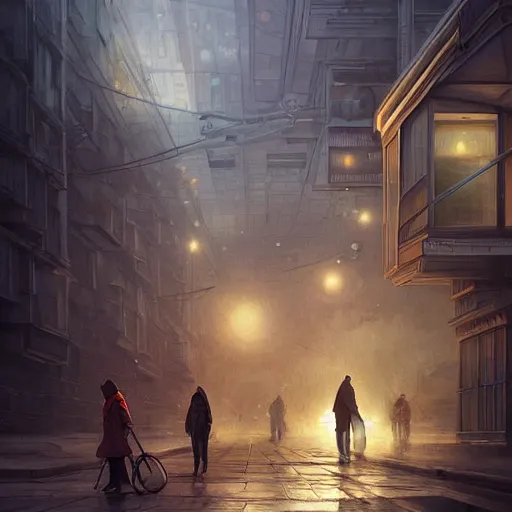 Image similar to People on the streets on the Moon city Noviy Norilsk, Russian panel houses sleeping quarters, sci-fi, fantasy, intricate, very very beautiful, elegant, digital painting, trending on Behance, concept art, smooth, sharp focus, illustration, art by artgerm and greg rutkowski and Evgeny Zubkov and alphonse mucha